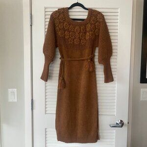 Anthropologie Avantlook Floral Knit Dress, Midi Length, Brown, Size S